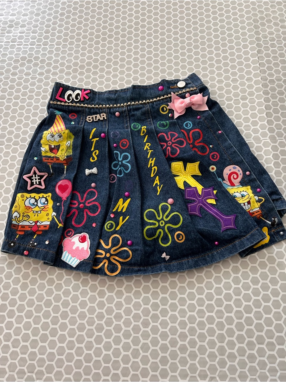 SpongeBob Denim Skort - Navy with Colorful Appliqués. Size 5/6